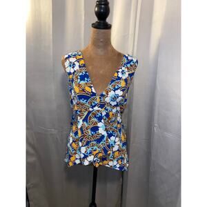 Zara Woman Floral Peplum Top Size Small V-Neck Sleeveless Blue Boho